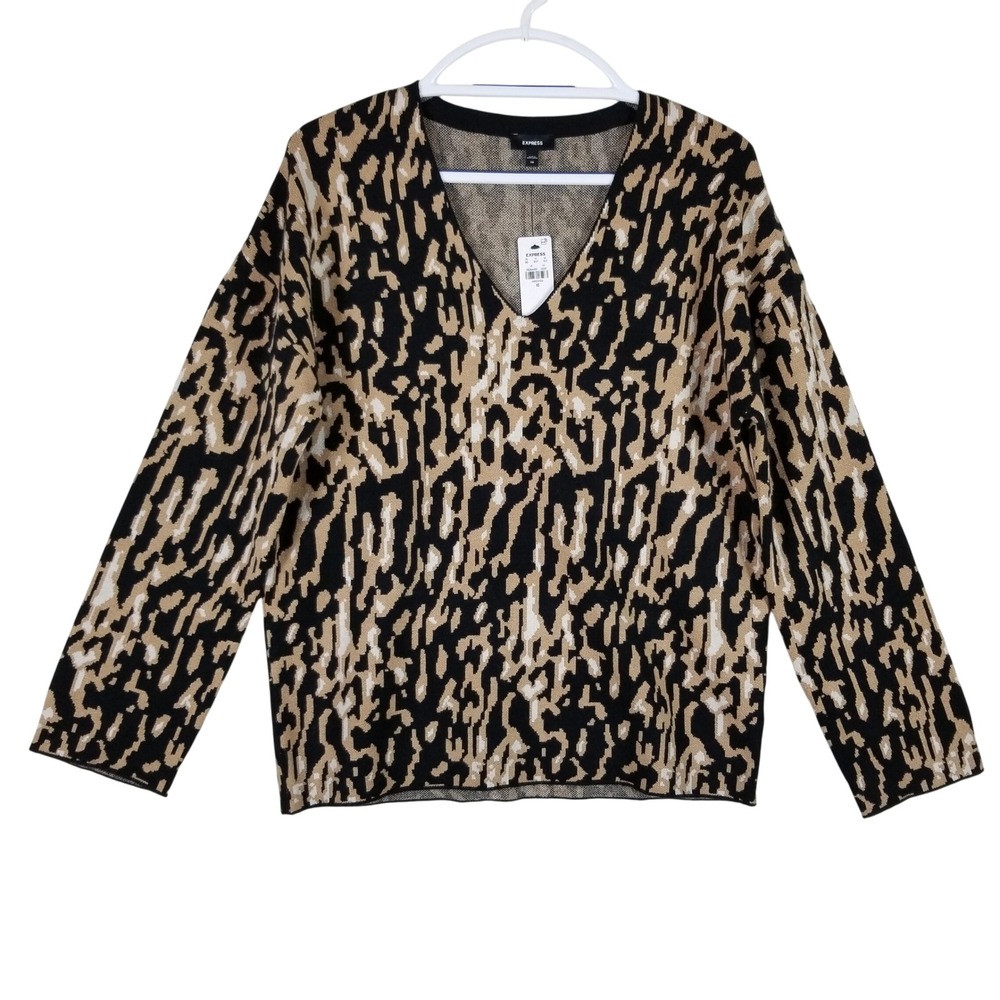 Express V-Neck Sweater Women XS Black Tan Animal Print Jacquard Knit New